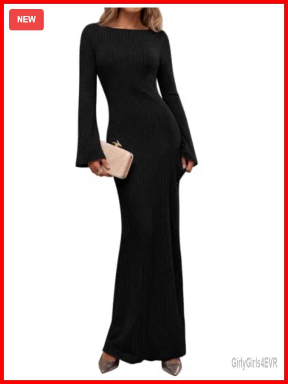 Long Sleeve Maxi Dress Ribbed Knit Bodycon Boat Neck Bell Sleeve Maternity
